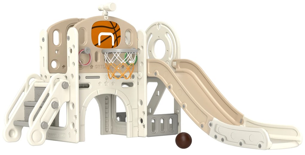 AIYAPLAY Loc de joacă pentru copii, tobogan 7-în-1, loc de joacă interior cu depozitare și tunel de târâre, 186x153x111 cm, alb crem | Aosom Romania