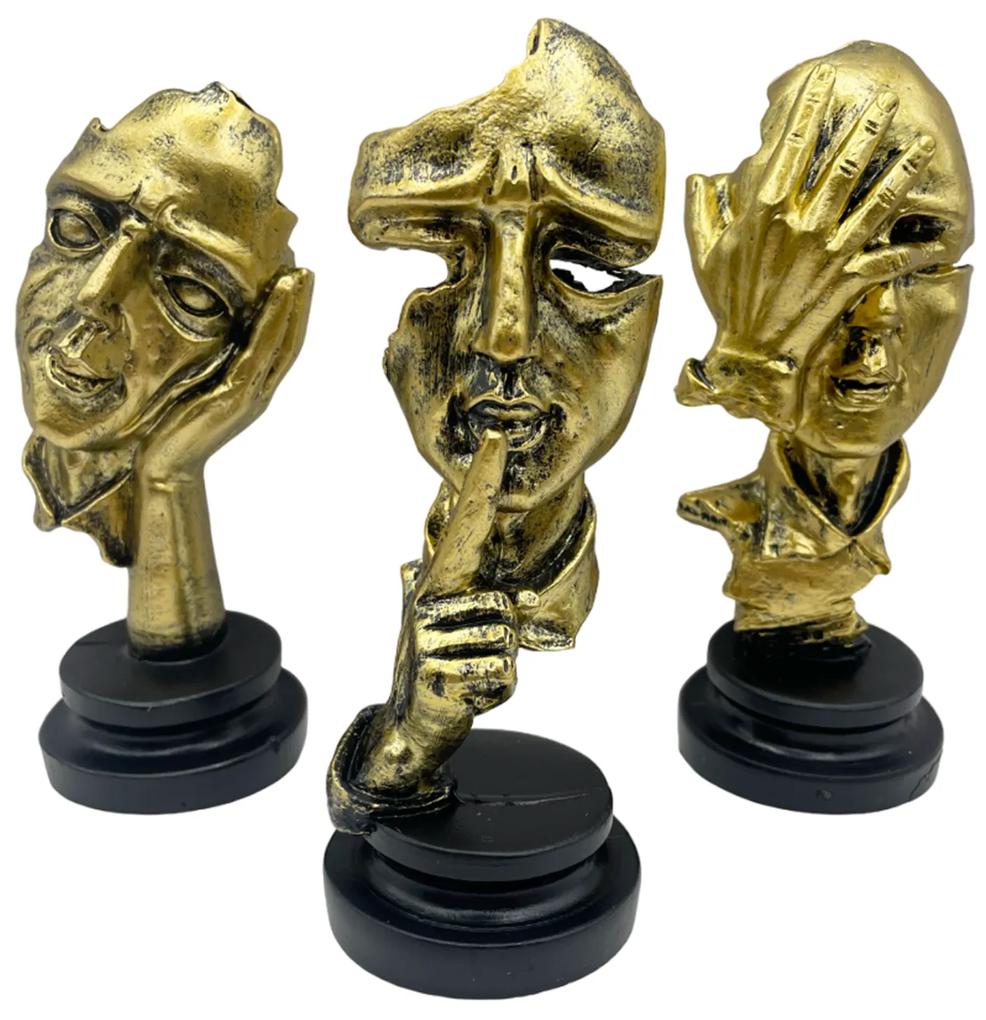 Set 3 Statuete Thinker Face 15cm, Auriu