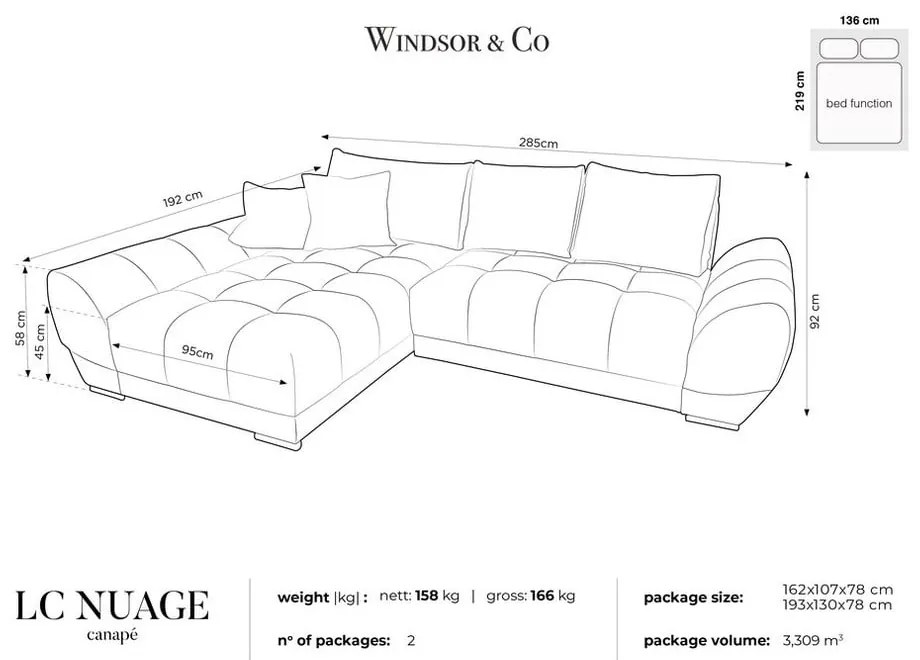 Colțar extensibil cu tapițerie de catifea și șezlong pe partea stângă Windsor & Co Sofas Nuage, gri deschis