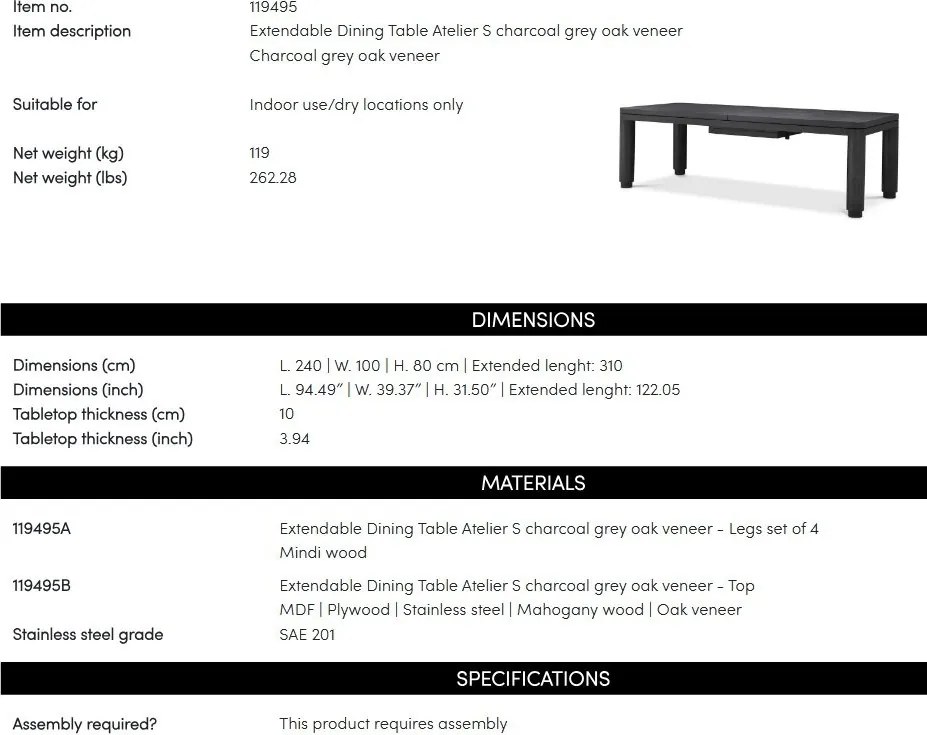 Masa extensibila LUX Gri Carbune Atelier S, 240-310cm