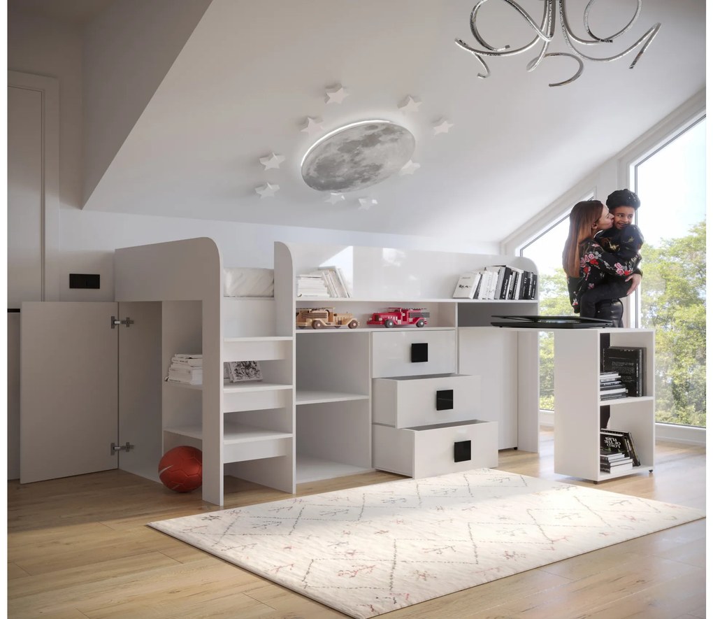 Pat multifuncțional 90 cm Toreno 1 (Alb + alb lucios + mânere turcoaz lucios). 1083308