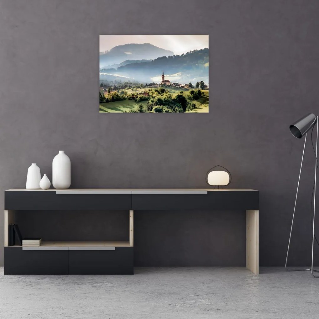Tablou pe sticlă - sătuț în ceață (70x50 cm)