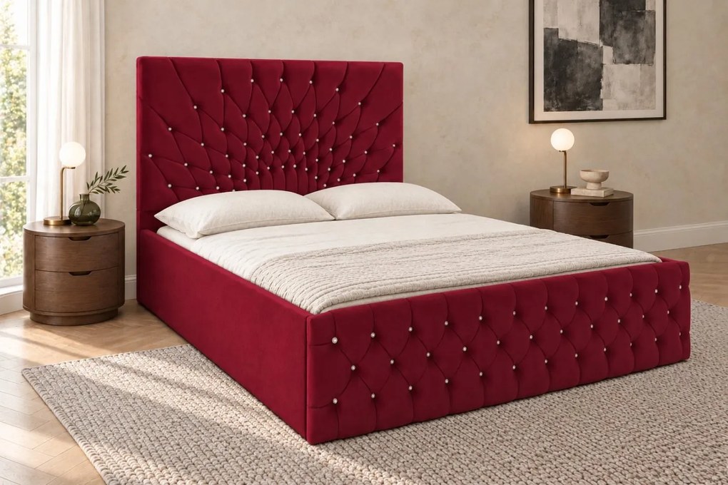 Pat tapițat din catifea Venezia Cristal 180×200 cm, vișiniu, cu ladă de depozitare