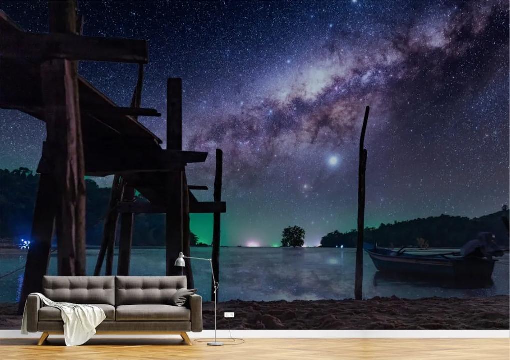 Tapet Premium Canvas - Puntea din lemn si barcile sub cerul noptii