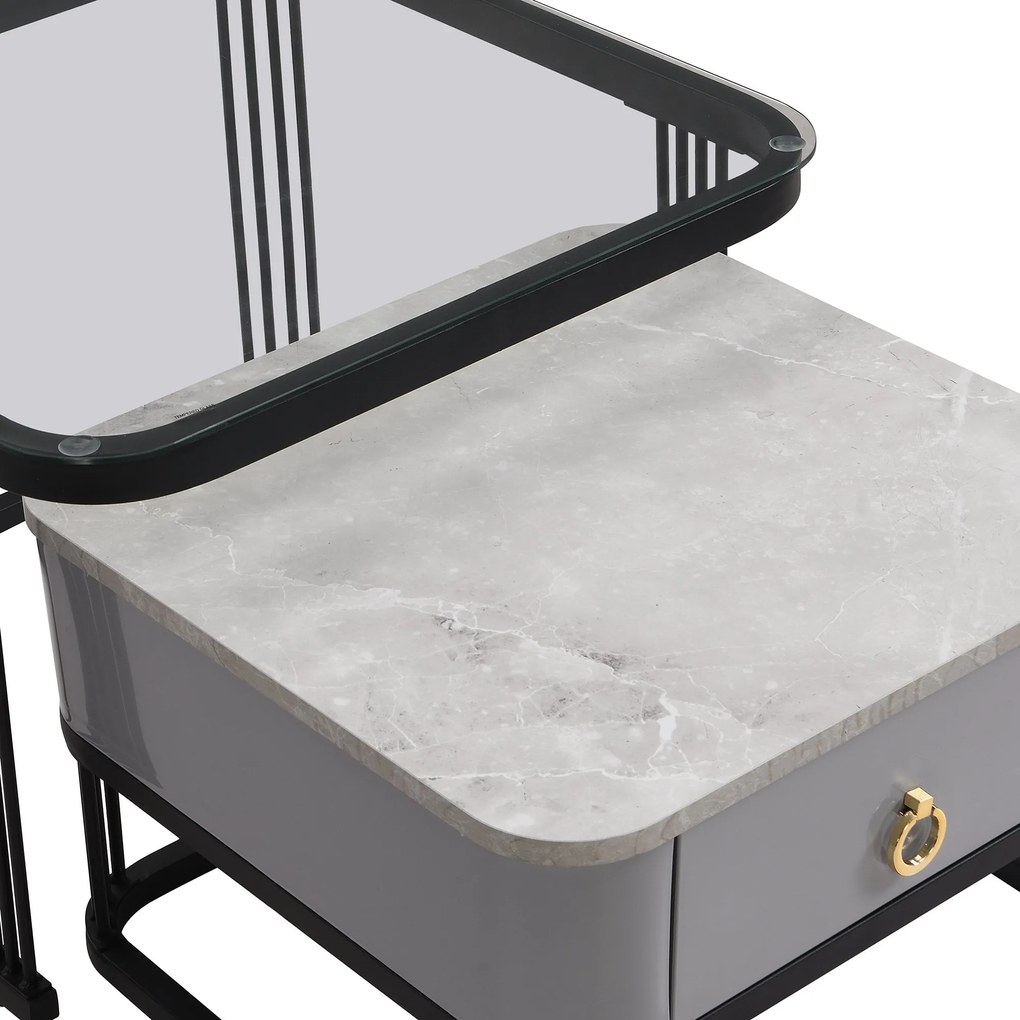 Set de 2 Măsuțe de Cafea Suprapozabile cu Blat din Marmură Lucioasă și Sticlă, Structură din Metal și Sertare, 60x60x42 cm + 50x50x34 cm, Negru