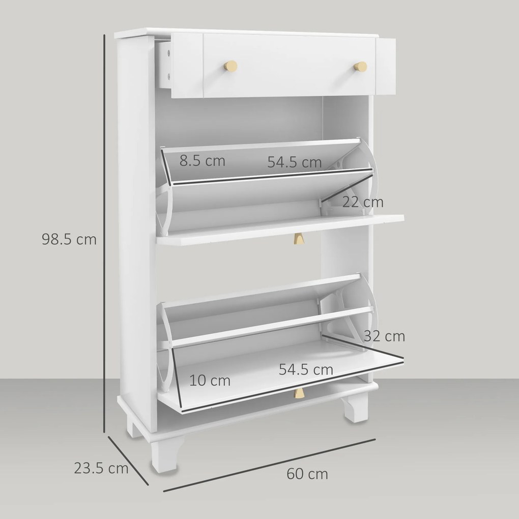 HOMCOM Dulap Pantofi Slim cu 2 Uși, Sertar, Rafturi Reglabile, 8 Perechi, MDF, PAL, 60 x 23,5 x 98,5 cm, Alb | Aosom Romania