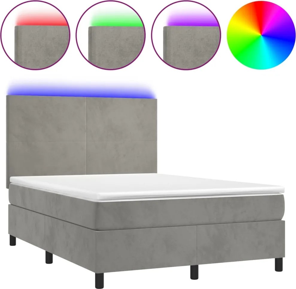 vidaXL Pat continental cu saltea și LED gri deschis 140x190 cm catifea