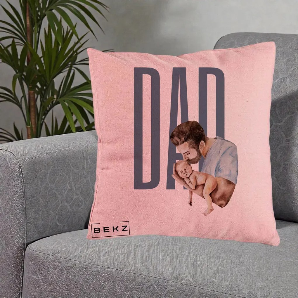 Cadou pentru Tata - Perna Personalizata DAD Tata si Nou-Nascut, 40x40 cm, Roz, Husa Detasabila, Perna Inclusa, BEKZ®