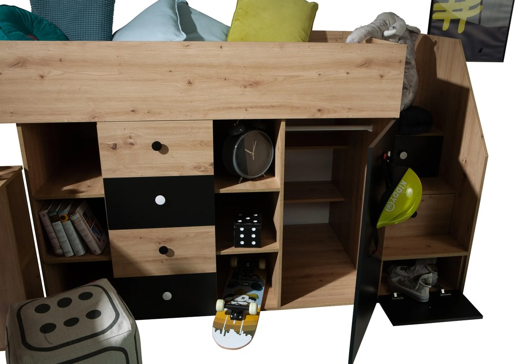 Pat pentru copii combinat 90 cm Sami 3 (Stejar artisan + alb mat + mânere negre) (S). 1085817
