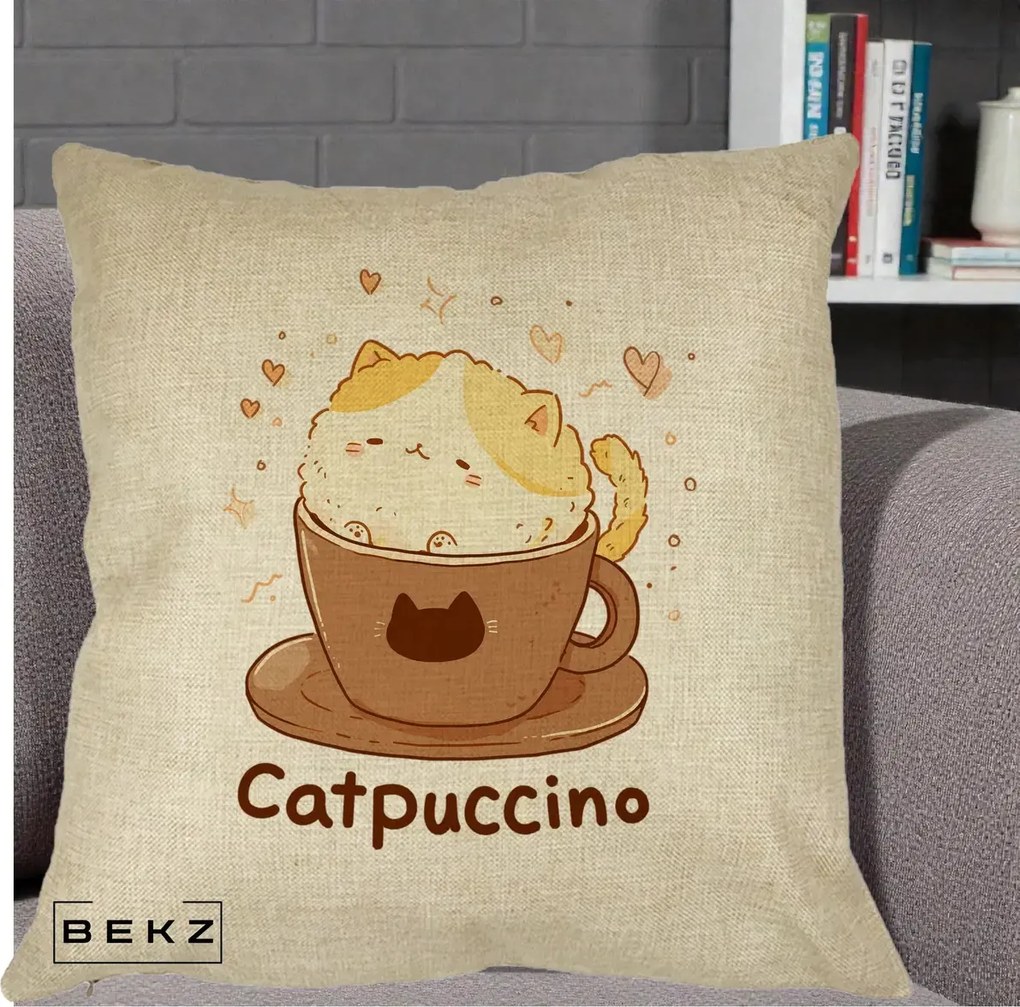 Perna Decorativa Catpuccino Pisica Cappuccino, 40x40 cm, Crem, Husa Detasabila, Perna Inclusa, BEKZ®