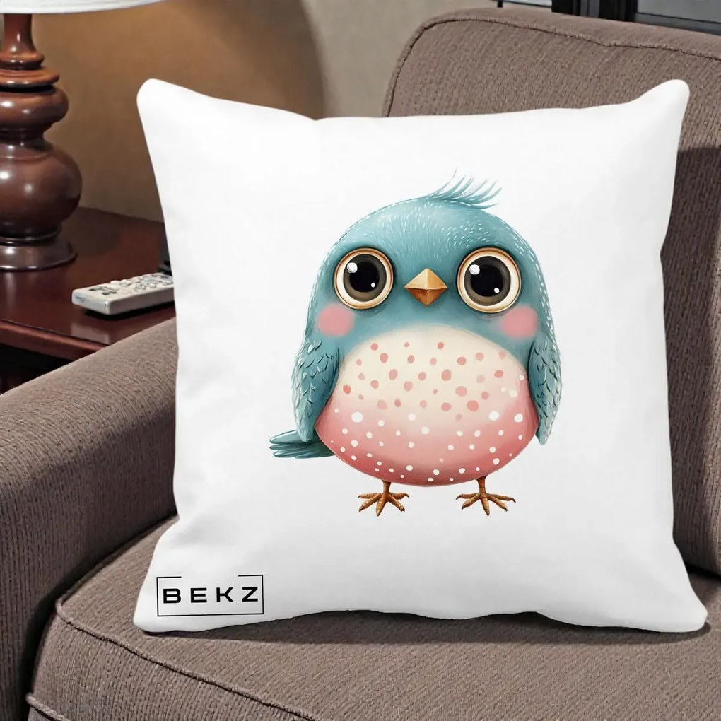 Perna Decorativa Pasare Teal-Roz cu Pete, 40x40 cm, Alba Mata, Husa Detasabila, Perna Inclusa, BEKZ®