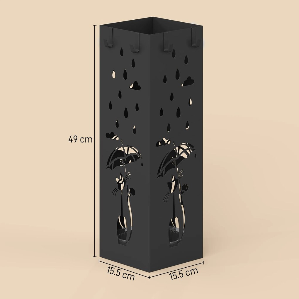 HOMCOM Suport de Umbrele Pătrat din Metal pentru Intrare, Suport Autoportant cu Tavă Detașabilă și 4 Cârlige, pentru Interior și Exterior, 15.5x15.5x49 cm, Negru | Aosom Romania