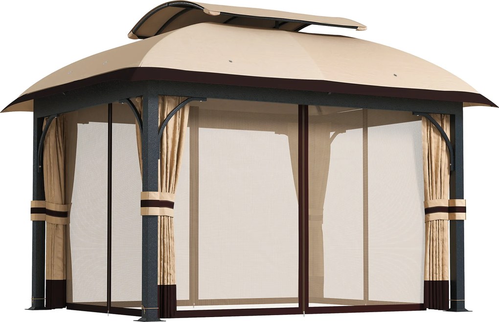 Outsunny Pavilion de grădină, 3,3 x 4 m cort de grădină cu draperii din plasă, acoperiș în două niveluri, acoperire din piele ecologică, cadru metalic, Khaki | Aosom Romania