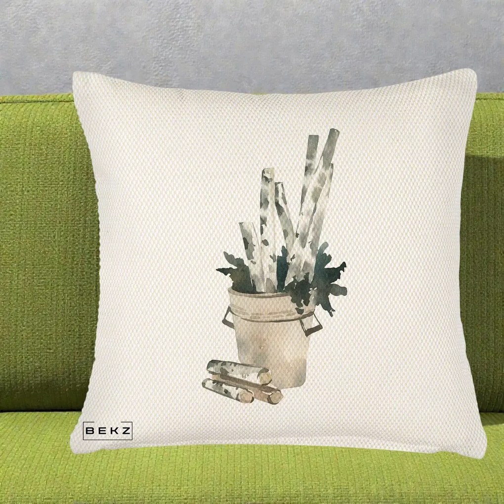 Perna Decorativa Butuci de Mesteacan Watercolor, 40x40 cm, Crem Reliefat, Husa Detasabila, Perna Inclusa, BEKZ®