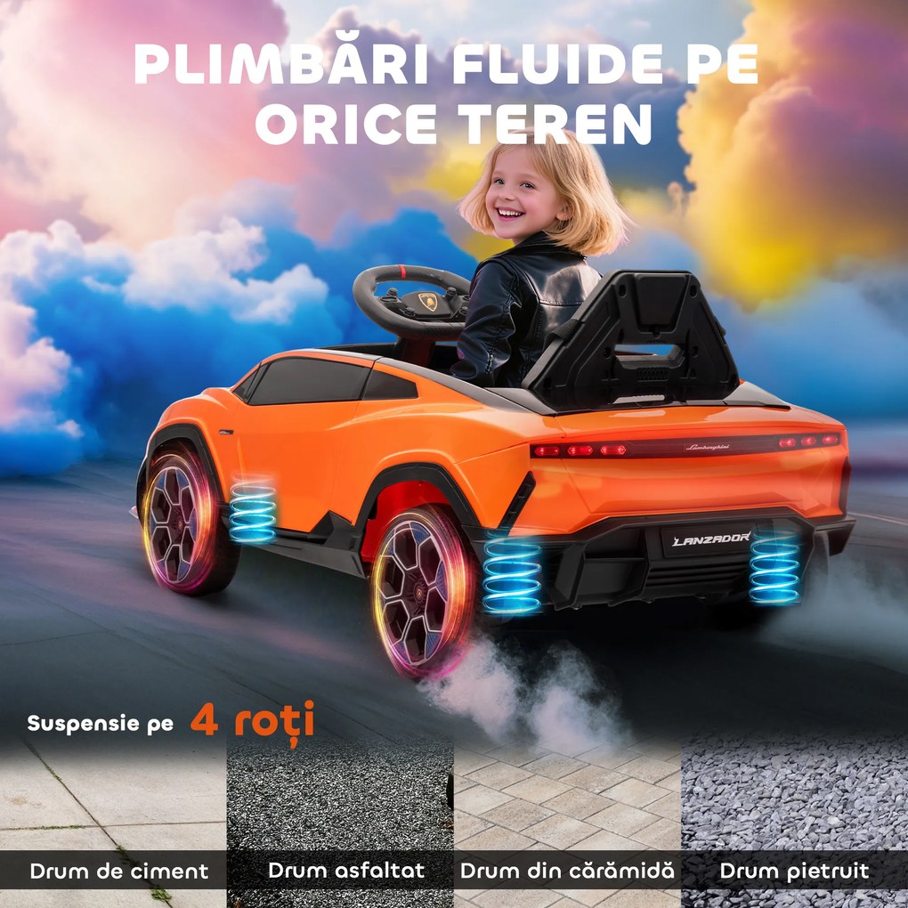 AIYAPLAY Mașină Electrică pentru Copii sub Licență Lamborghini cu Claxon și Telecomandă, 101.5x49x43 cm, Portocalie | Aosom Romania