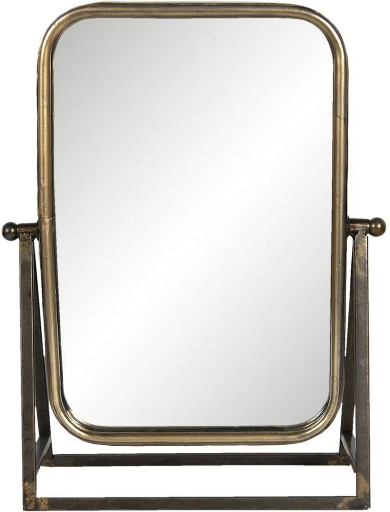 Oglinda mobila de masa cu picior si rama fier negru cu patina aurie 28 cm x 10 cm x 36 h