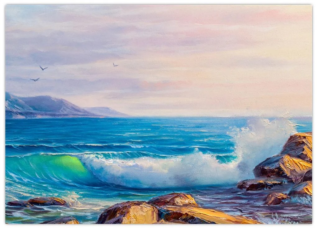 Tablou pe sticlă - Valuri lovind stânci, pictură în ulei (70x50 cm)