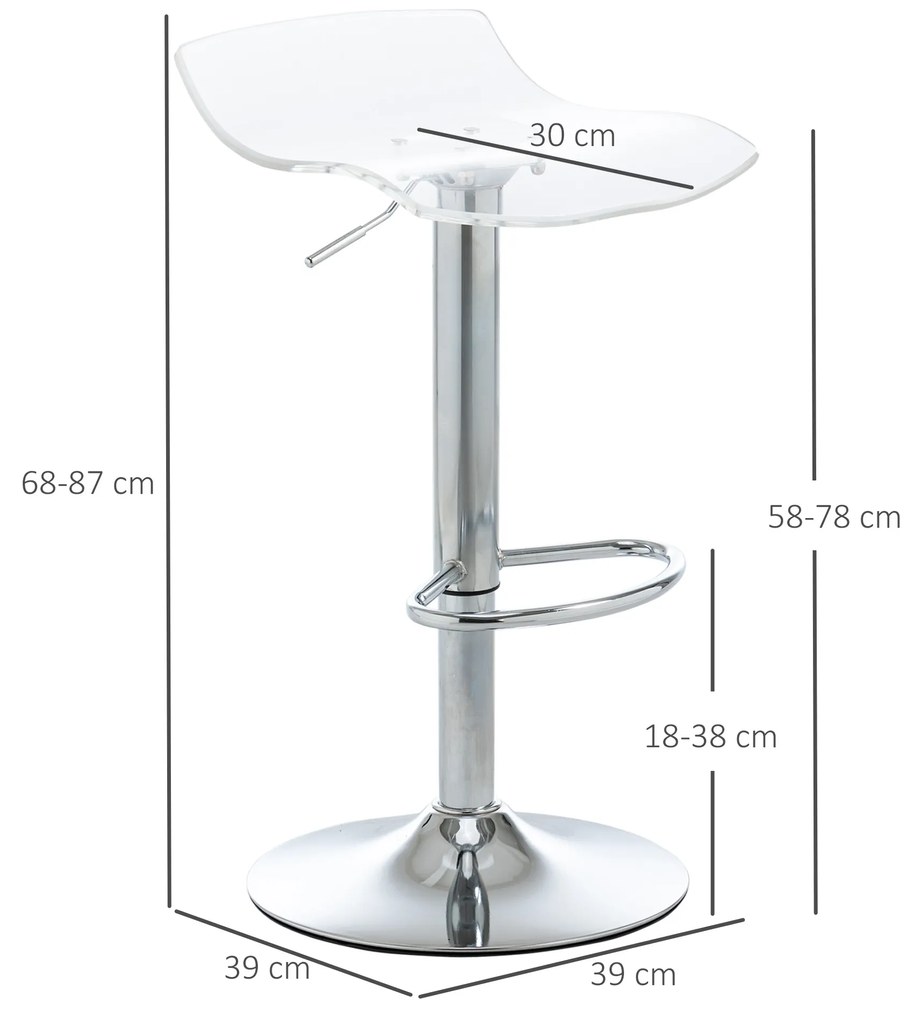 HOMCOM Set 2 Scaune de Bar cu Înălțime Reglabilă, Șezut Rotativ și Suport pentru Picioare, 39x39x67-87 cm, Transparent | Aosom Romania