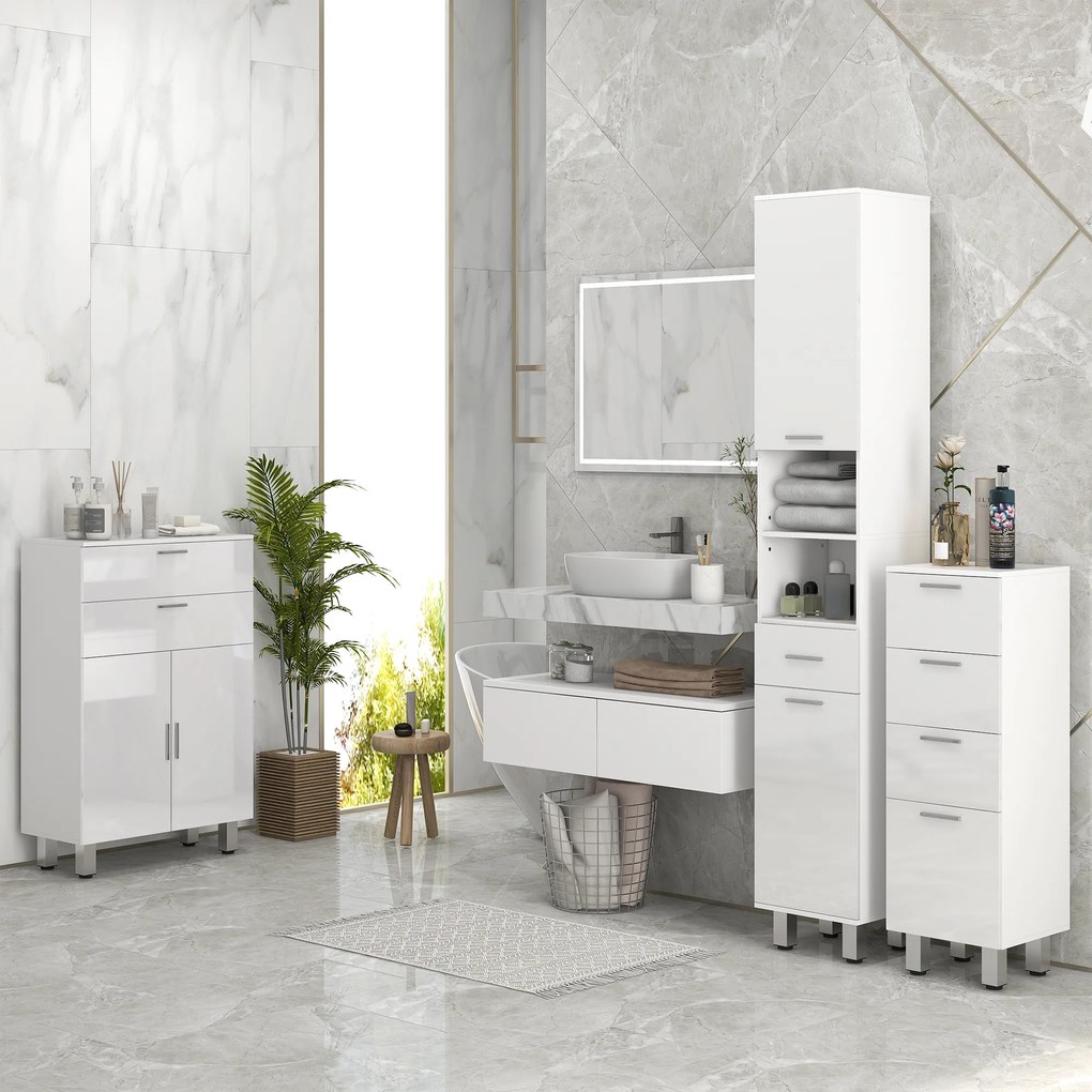 kleankin Mobilier pentru Baie cu 1 Sertar 3 Rafturi Ajustabile și 2 Dulapuri, 30x30x180 cm, Alb Lucios | Aosom Romania