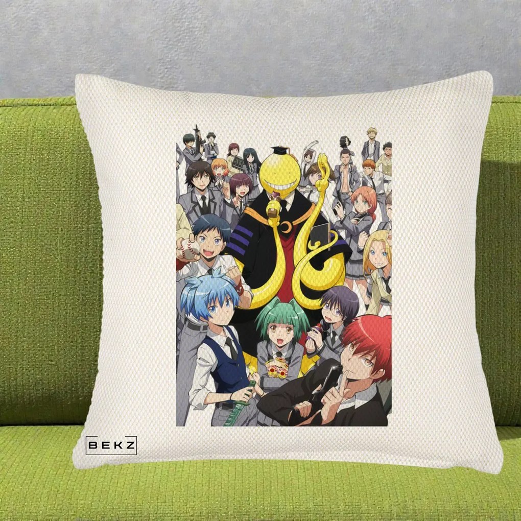 Perna Personalizata Assassination Classroom Grup Complet Anime, 40x40 cm, Crem Reliefat, Husa Detasabila, Perna Inclusa, BEKZ®