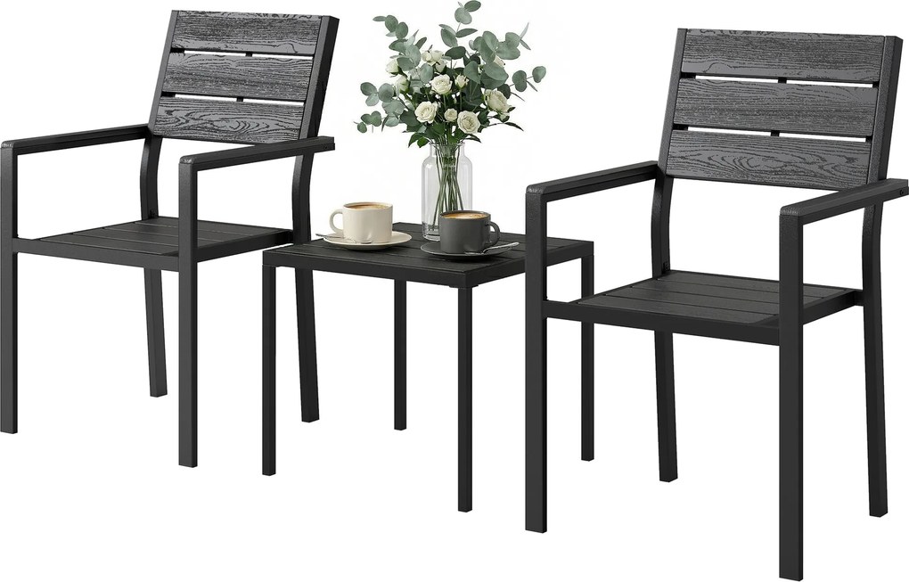 Outsunny Set bistro de grădină 3 piese masă bistro cu 2 scaune, design lamele, aspect lemn, blat HDPE rezistent la rugină | Aosom Romania