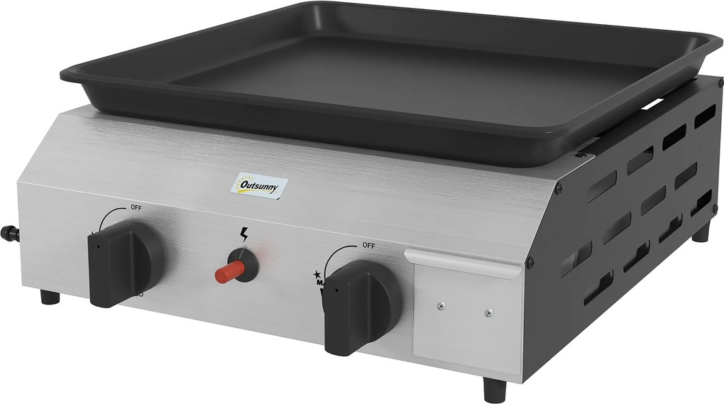 Outsunny Plancha gaz din oțel inoxidabil emailat 2 arzătoare 4,8 kW antiaderentă suprafață mare de gătit 40L x 34l cm, transportabilă | Aosom Romania