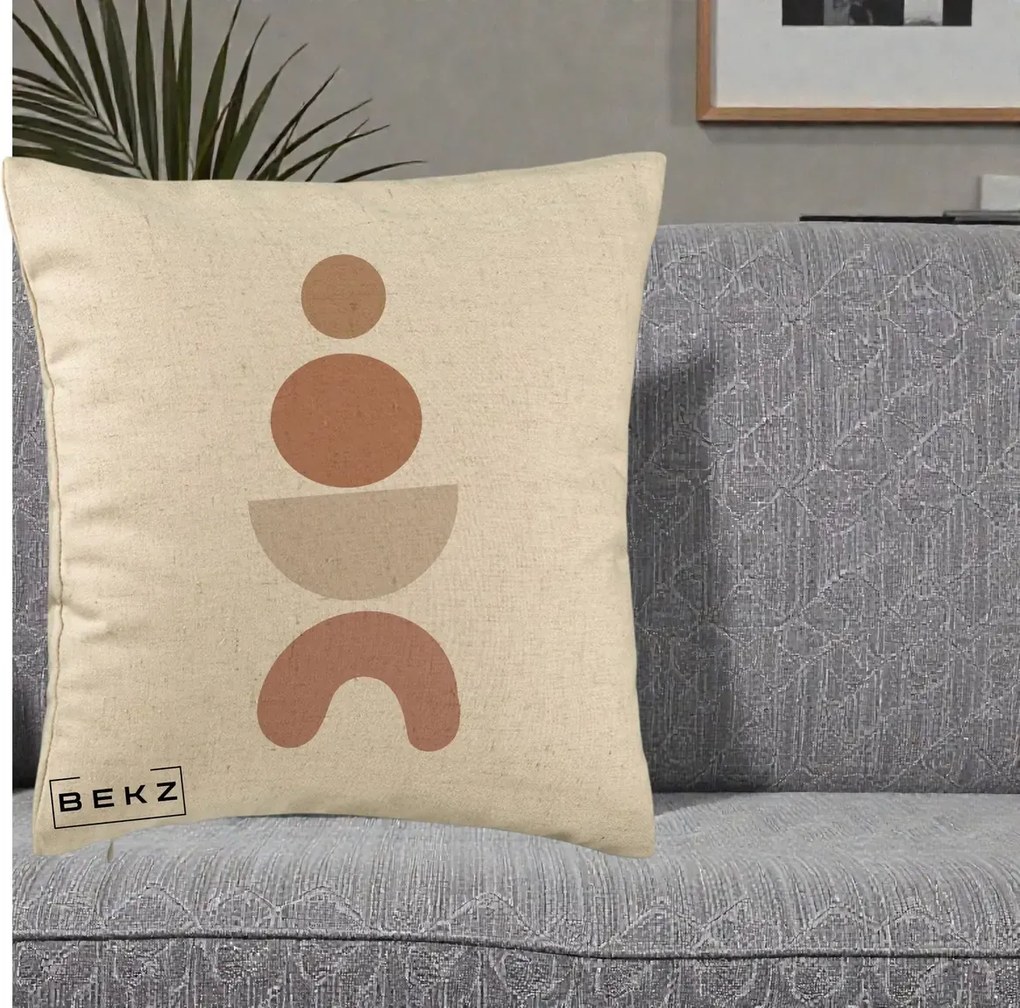 Perna Decorativa Geometric Boho Cercuri si Arc, 40x40 cm, Bej, Husa Detasabila, Perna Inclusa, BEKZ®