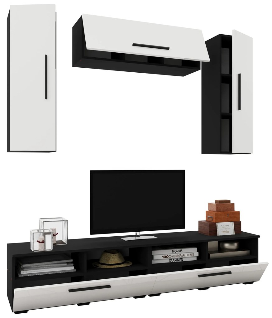 Living Kos V18, Negru/Alb Lucios, MDF, L 190 cm