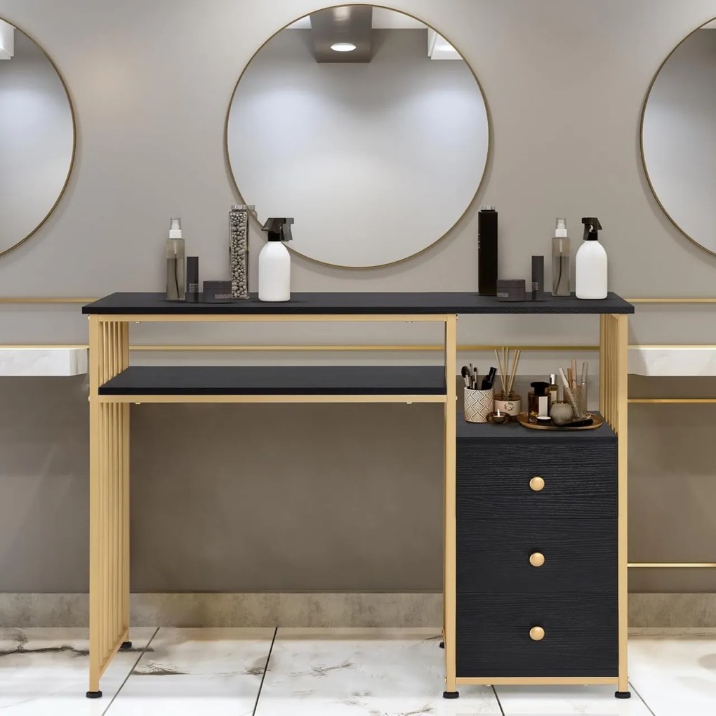 BIAU201 - Birou 109 cm, Masa Manichiura, masa de calculator cu 3 sertare, office, Imitatie de Marmura - Alb / Negru - Auriu