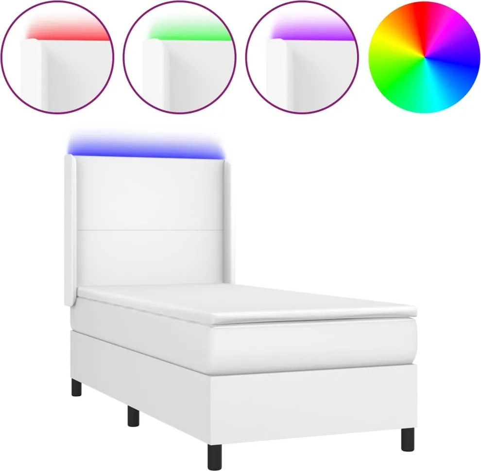 vidaXL Pat cu arcuri, cu saltea și LED, alb, 100x200 cm, piele eco