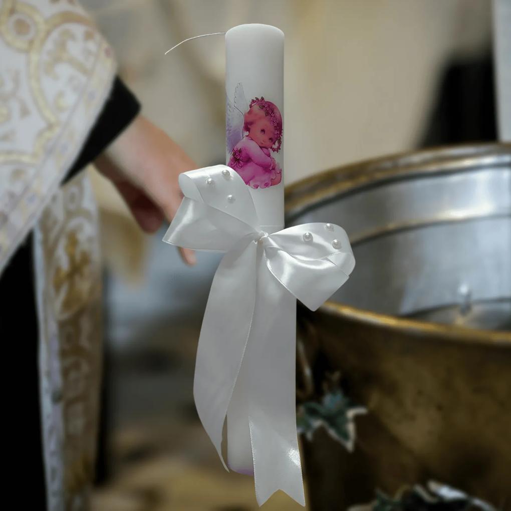 Lumanare botez Ingeras decorata cu alb 7 cm, 40 cm
