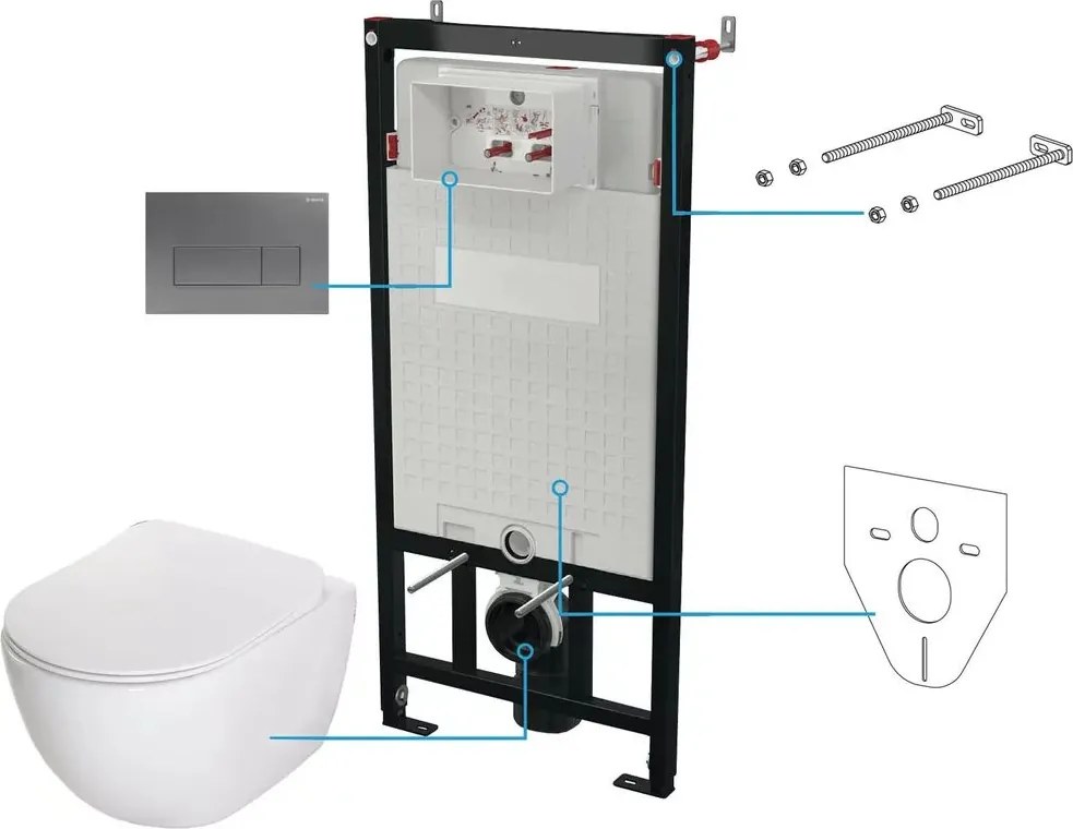 Set vas wc suspendat cu capac Deante Peonia rimless, rezervor incastrat si clapeta actionare titan