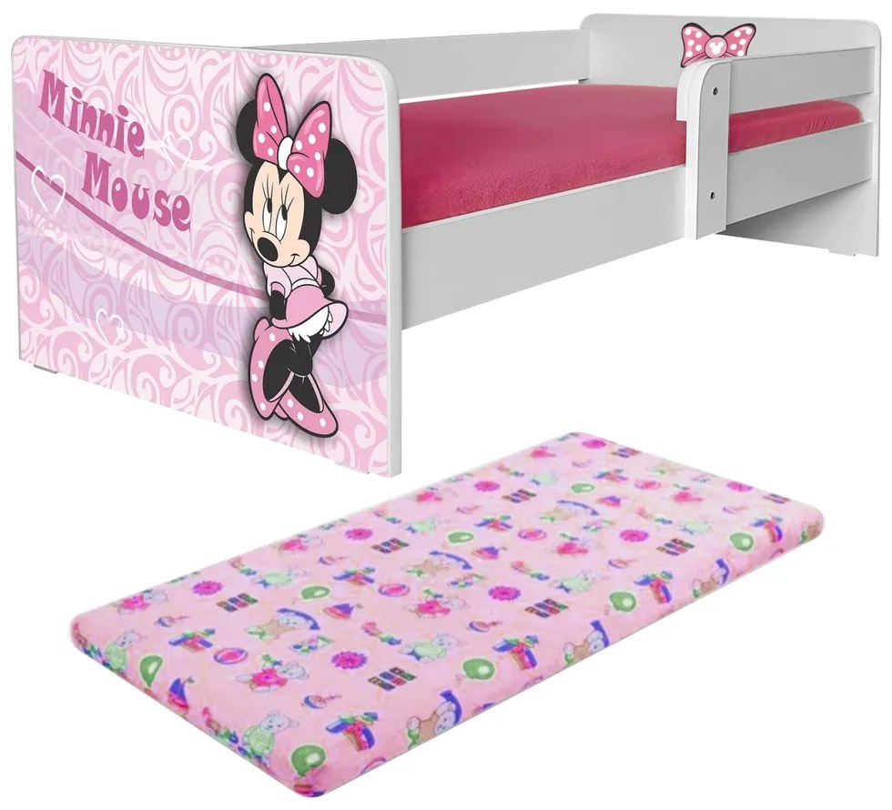 Pat de fete 2-12 Ani Minnie P1 Cu Saltea SafeNest cu lana 160x80 Si Protectie Laterala - Pc-p-mk-min-p1-80