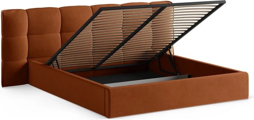 Pat matrimonial teracotă tapițat cu spațiu de depozitare cu somieră 140x200 cm Eric – Micadoni