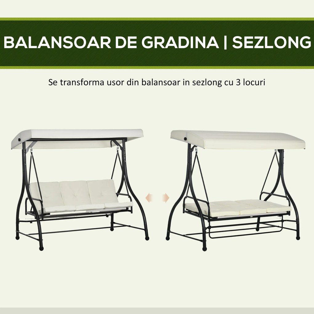 Outusunny Leagăn cu 3 Locuri de Grădină, Balansoar pentru Exterior cu Acoperiș Reglabil, din Oțel și Poliester, 195x117x175 cm, Crem | Aosom Romania