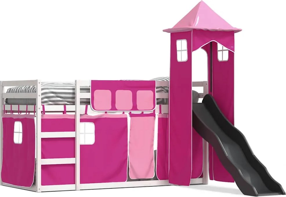 vidaXL Pat supraetajat cu tobogan și perdele, roz, 90x190 cm