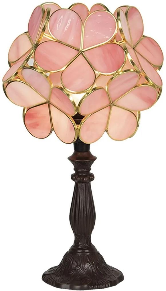 Veioza cu baza din polirasina maro si abajur din sticla roz Tiffany 21 cm x 21 cm x 38 h