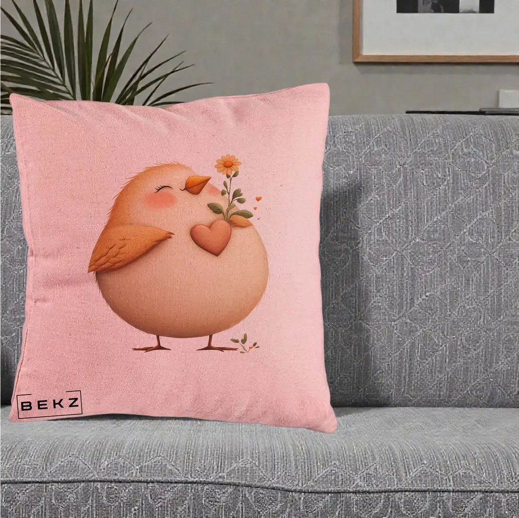 Perna Decorativa Pui cu Inima si Floarea-Soarelui, 40x40 cm, Roz, Husa Detasabila, Perna Inclusa, BEKZ®