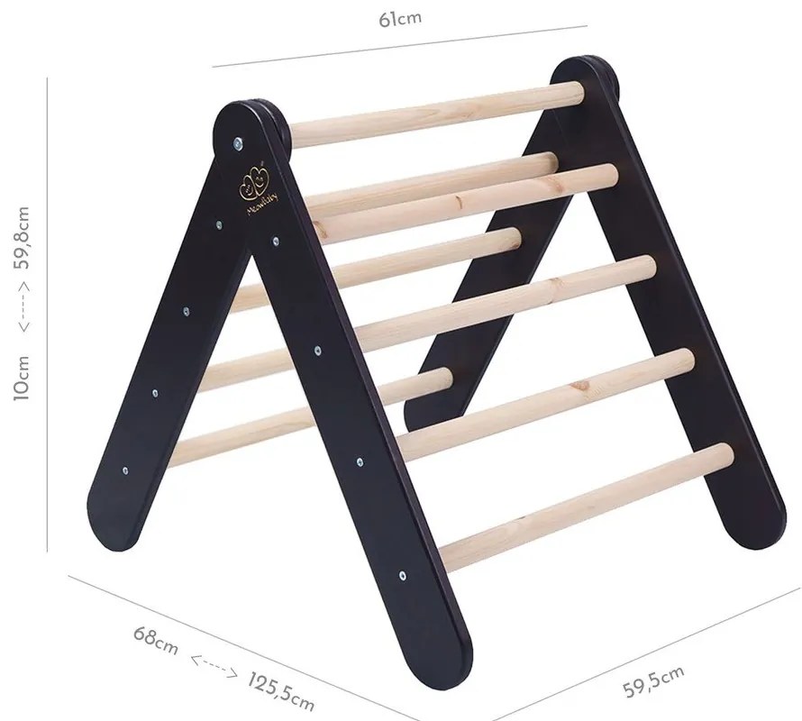 Triunghi Pikler de cățărat negru din lemn de pin 46x87x60 cm Montessori – Meowbaby