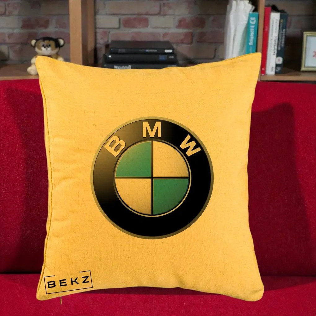 Perna Personalizata cu emblema BMW, 40x40 cm, Galben, Husa Detasabila, Perna Inclusa, BEKZ®
