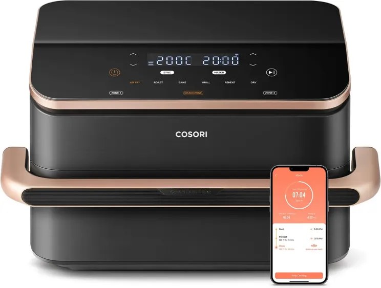 La mâna a doua: Friteuza cu aer cald Cosori Dual Blaze TwinFry CAF-TF101S, 10 L, 6 programe, 240°C, Timer, ThermoIQ, Negru