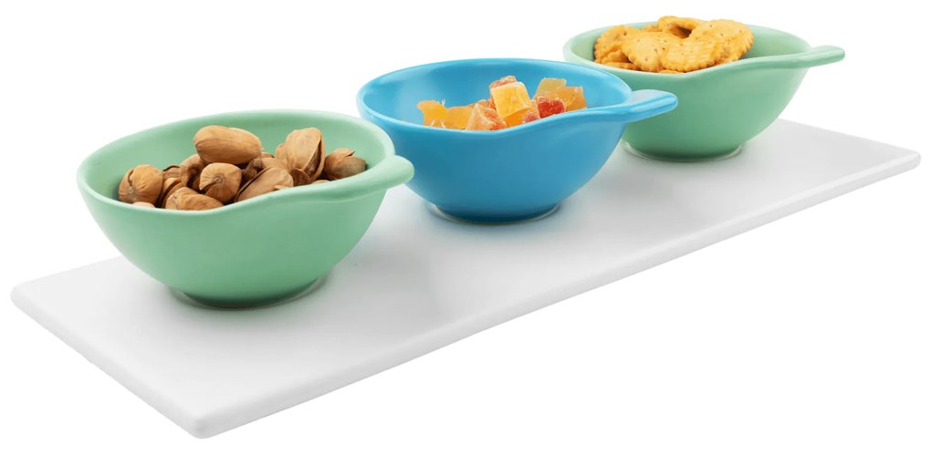 Set de 3 boluri pe tavă, alb / albastru / turcoaz / cyan, KESPER