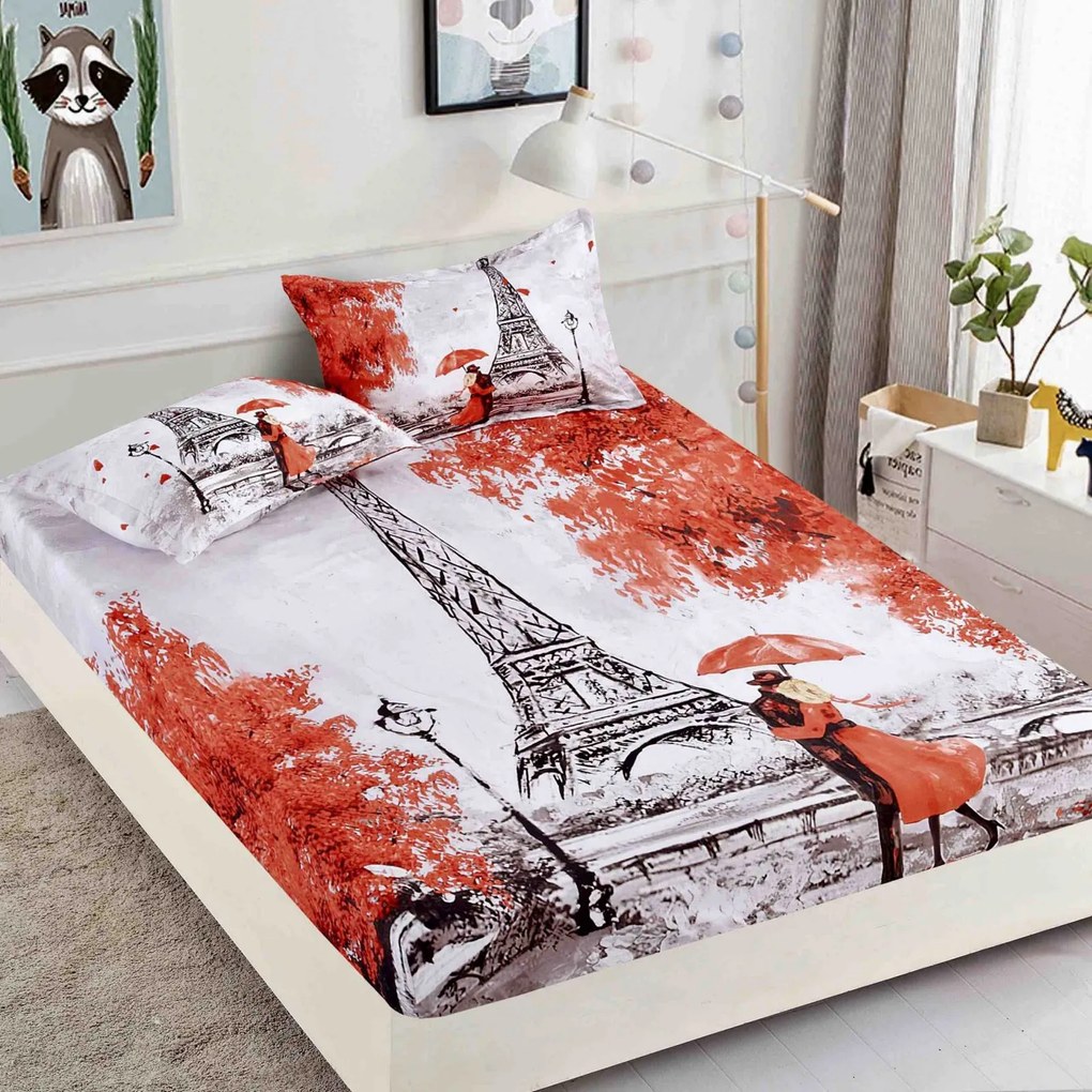 Husa de pat cu elastic + 2 Fete de Perna 160x200, Turnul Eiffel
