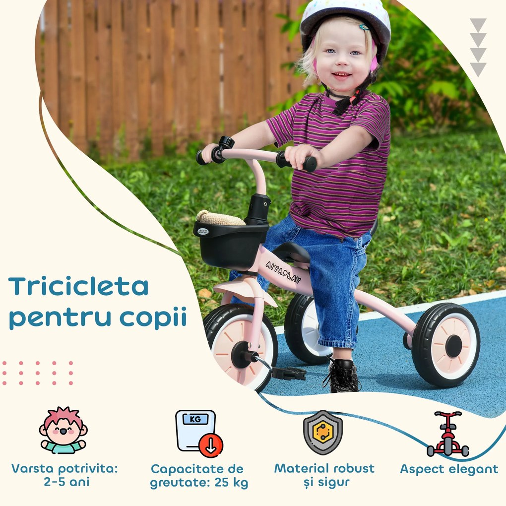 AIYAPLAY Tricicleta pentru Copii 2-5 Ani cu Scaun Reglabil, Bicicletă pentru Copii cu Coș, 70,5x53x58 cm, Roz | Aosom Romania