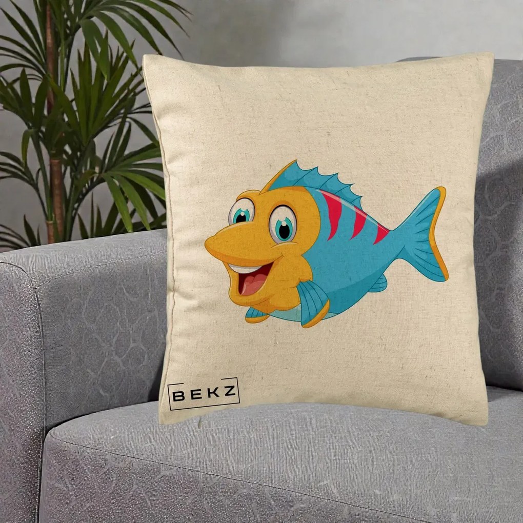 Perna Decorativa Peste Vesel Cartoon, 40x40 cm, Bej, Husa Detasabila, Perna Inclusa, BEKZ®