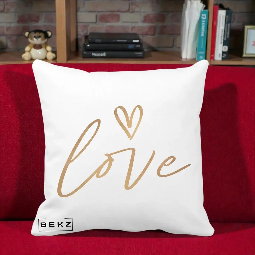 Perna Decorativa Love Caligrafie Aurie, 40x40 cm, Alba Mata, Husa Detasabila, Perna Inclusa, BEKZ®