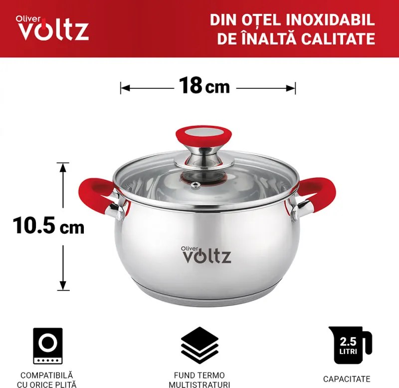 La mâna a doua: Oala Oliver Voltz OV51210N18, 18 cm, 2,5 l, Inductie, Manere silicon rosii, Inox/Roşu