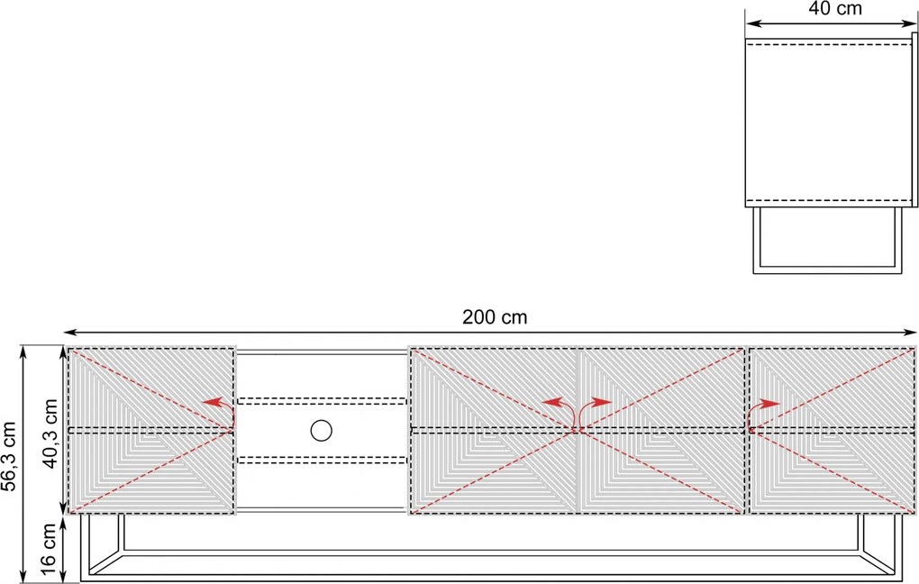 Comodă TV Asha 200 cm, cu fronturi riflate, spațiu deschis și cadru metalic – negru mat