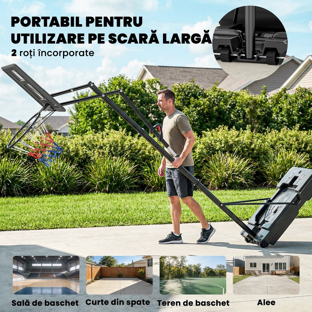 SPORTNOW Coș de Baschet Reglabil 235-305cm, Rezistent la Impact, Negru | Aosom Romania