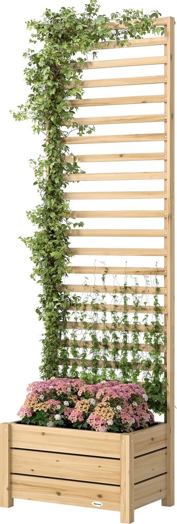 Outsunny Pat înălțat cu spalier din lemn, jardiniere înălțată cu spalier, orificiu de scurgere, căptușeală textilă, 60 x 39 x 200 cm, lemn natural | Aosom Romania